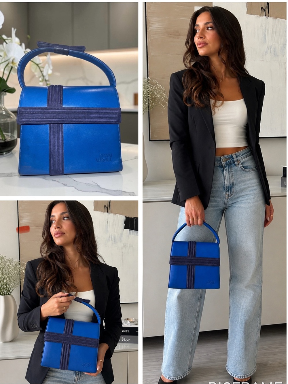Vintage Gianni Versace blue leather top handle bag ribbon bow